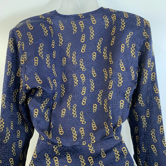 Sandro Milly Dress Chain Link Print Mini Silk Navy Surplice Long Sleeves - Picture 15 of 16